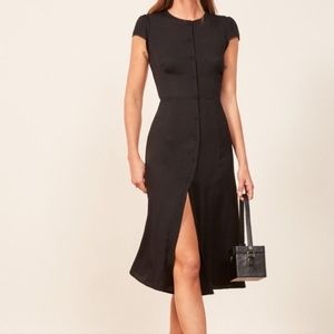 {Reformation} Black Fauna Button Front Midi House Dress, Size 2